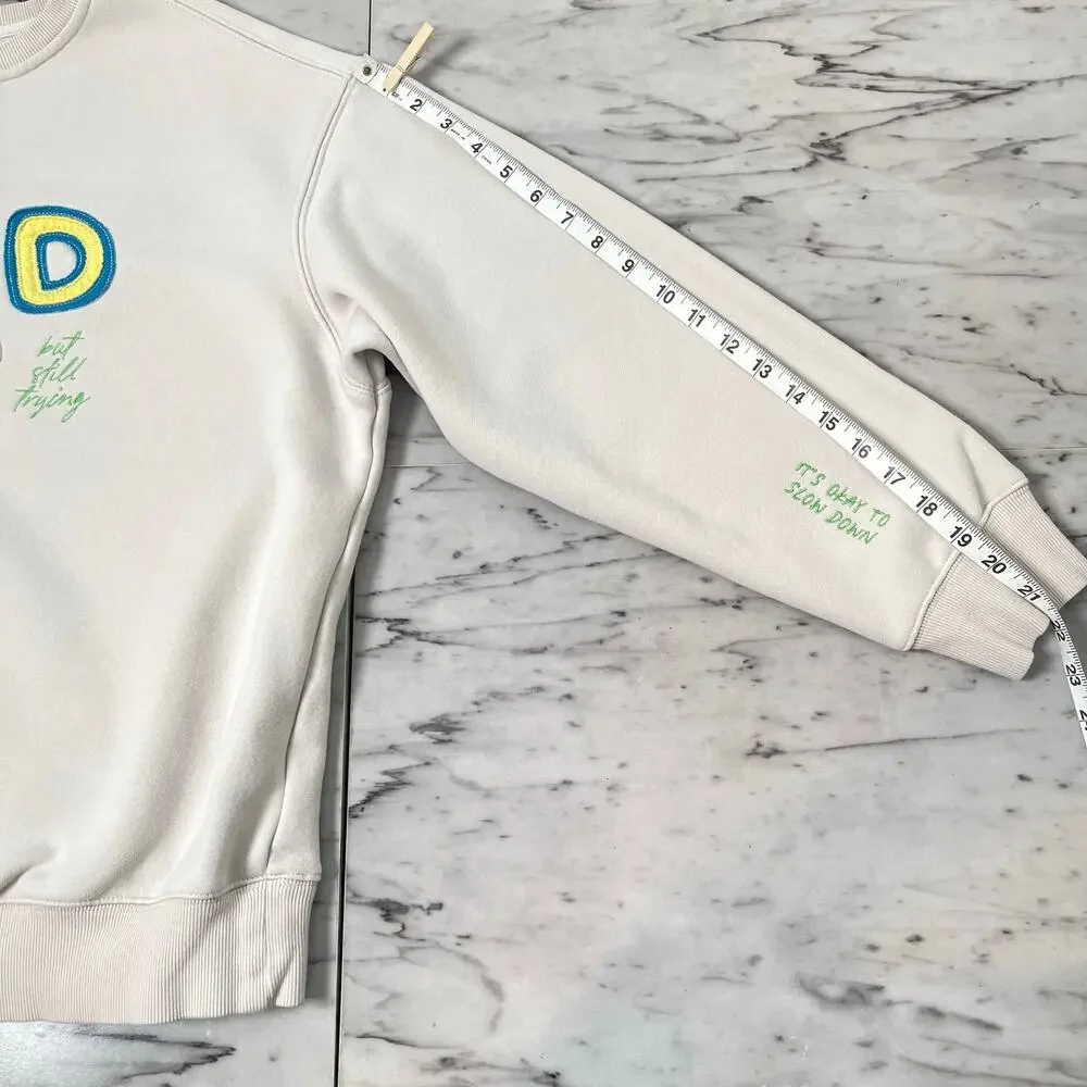 SEE THE WAY I SEE “Tired” Appliqué Sweatshirt Medium Oversized Beige Crewneck - Picture 9 of 10